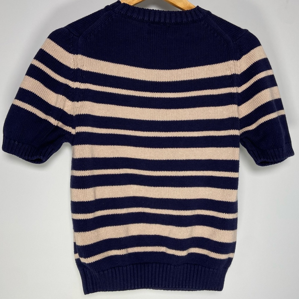 Lands End Vintage Short Sleeve Sweater Cream Navy Nautical Coastal Grandma Knit - Picture 5 of 9